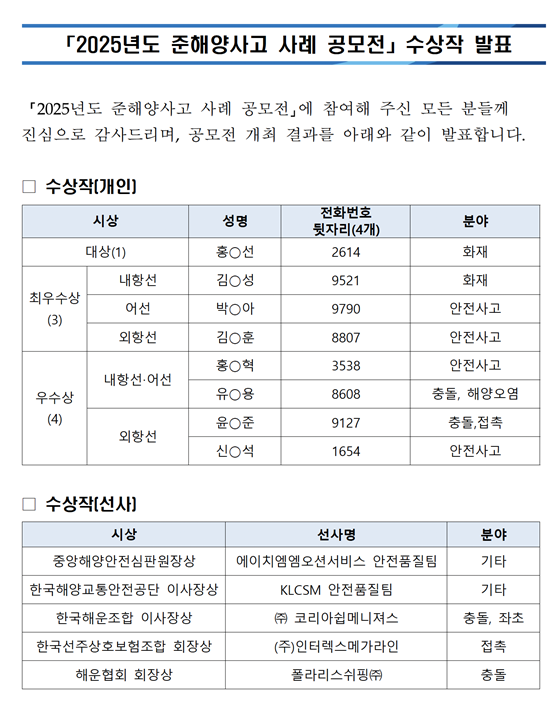 2025년도 준해양사고 사례 공모전 수상작 발표